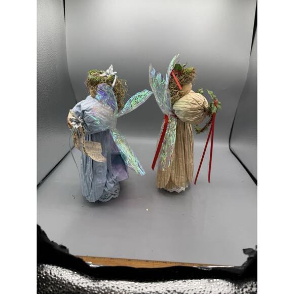 Vintage Handmade Christmas Angels Set of 2 Crepe Paper Halo Wings Silent Night - Picture 4 of 6
